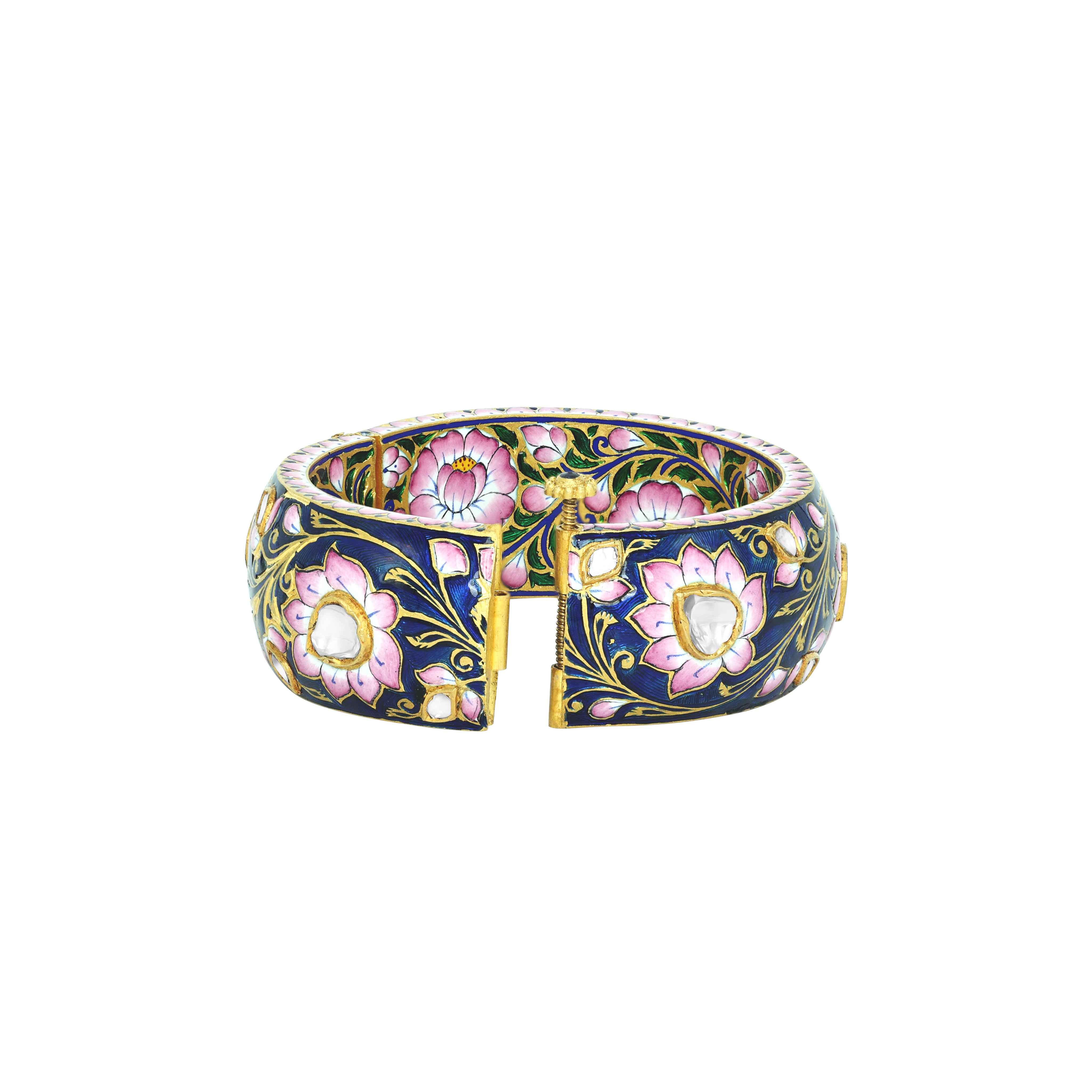 Indigo Bangle with Pink Floral Enamel and Uncut Diamonds